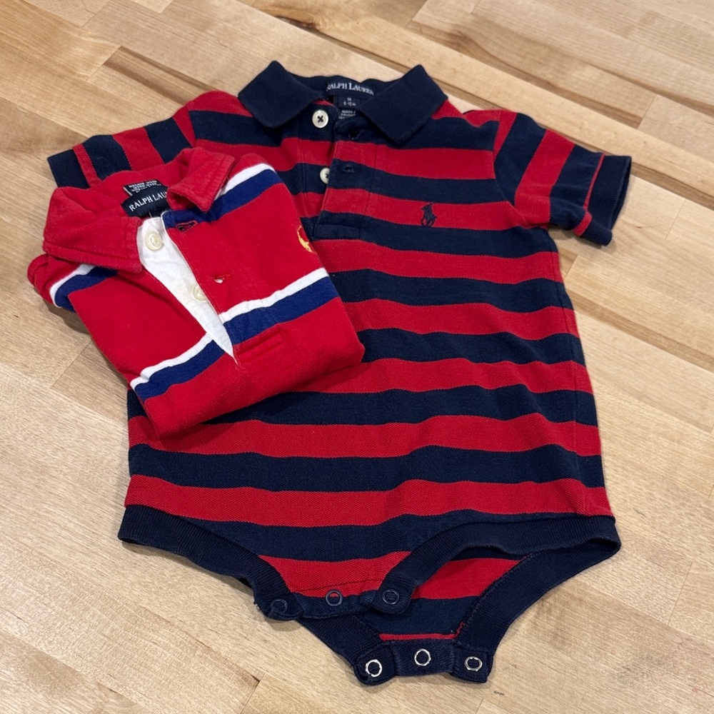 Ralph Lauren Kids Polo Shirts Red Navy Stripes Bundle of 2 Short Sleeve Cotton